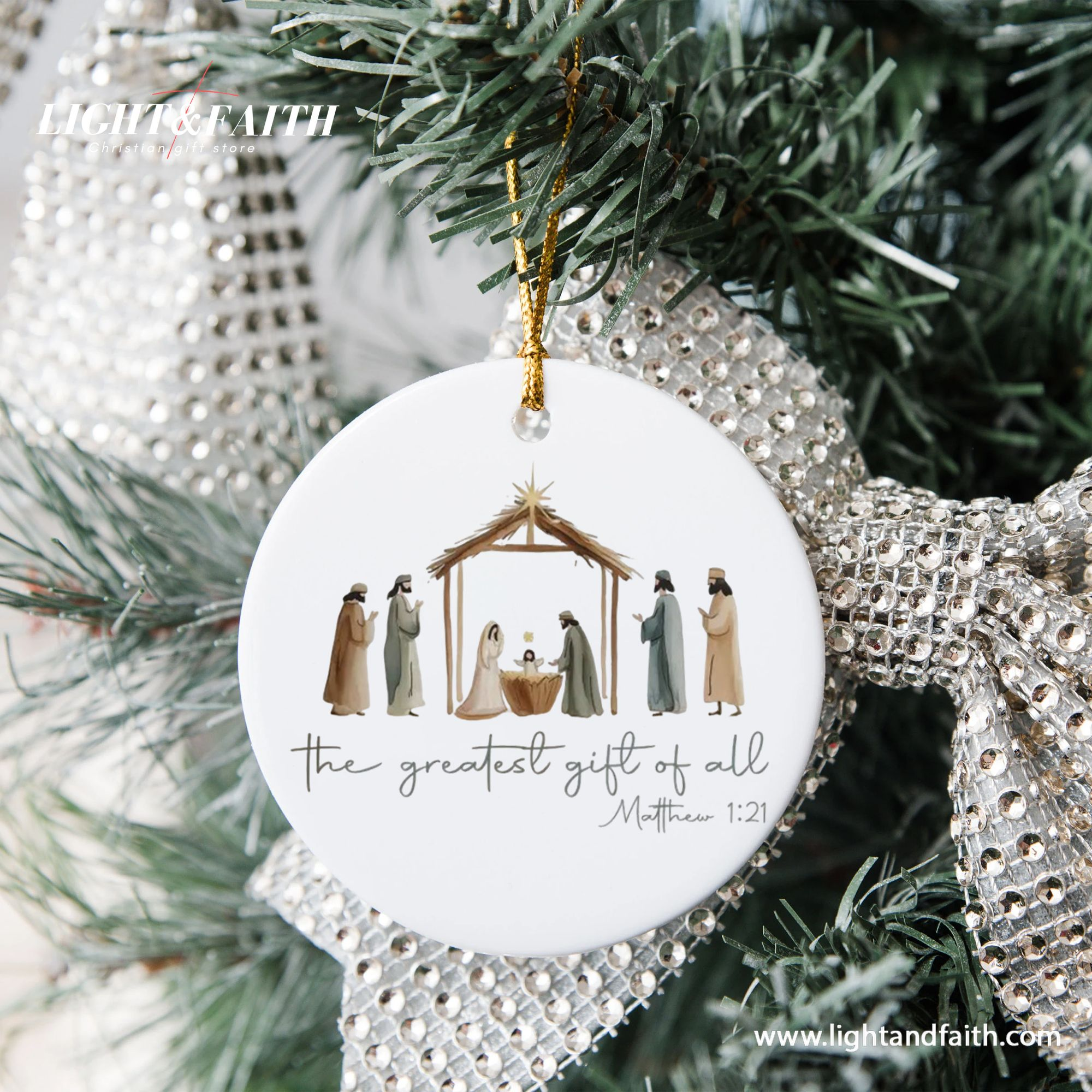 Nativity Scene Christmas Ornament, Christian Holiday Decoration, Greatest Gift of All Matthew 1:21, Religious Xmas Tree Decor DCLAF28